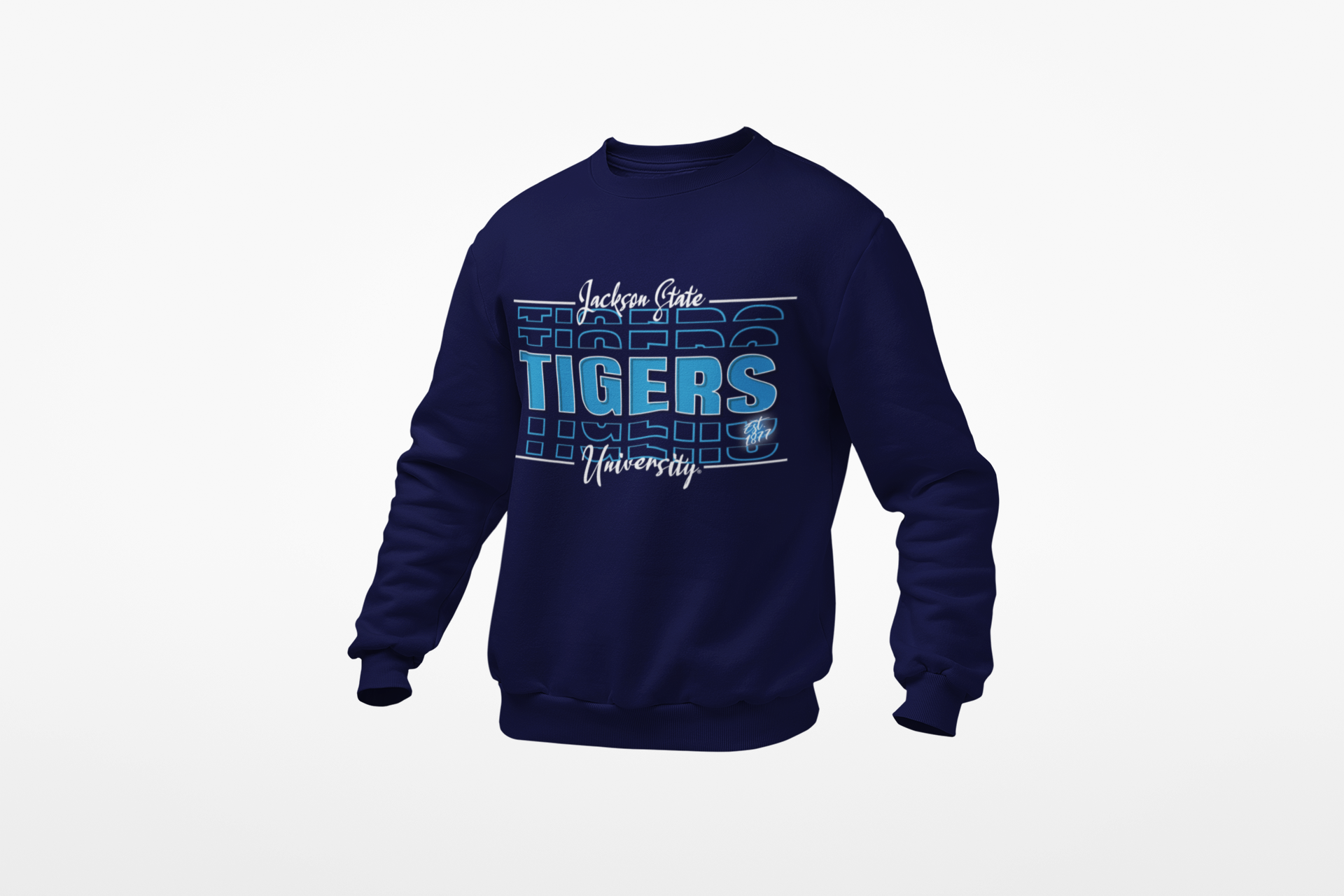 Navy crewneck sweatshirt with long sleeves and “Tigers” varsity-style front graphic
