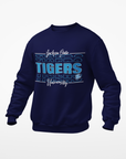 Navy crewneck sweatshirt with long sleeves and “Tigers” varsity-style front graphic