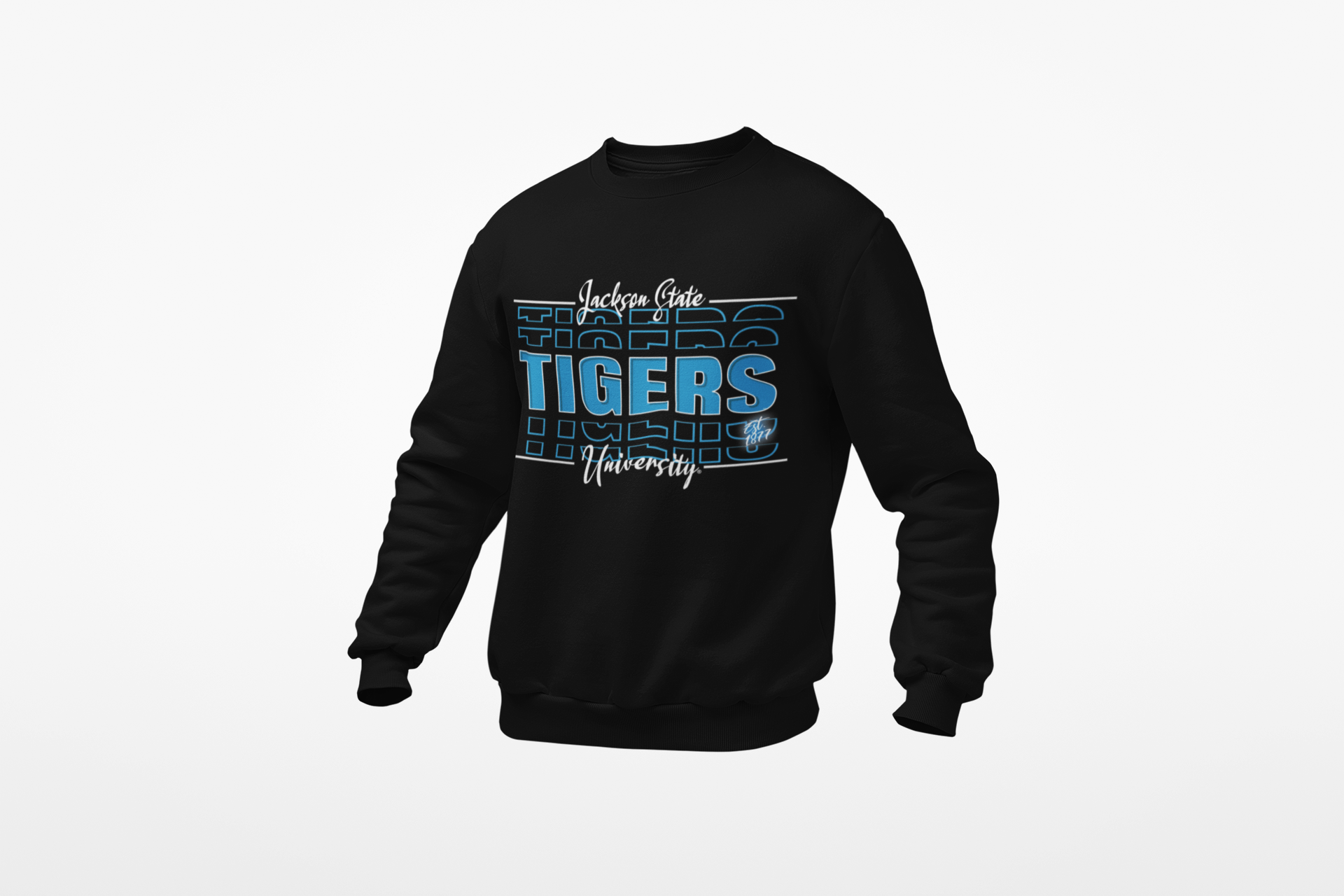 Black crewneck sweatshirt with long sleeves and “Tigers” front graphic