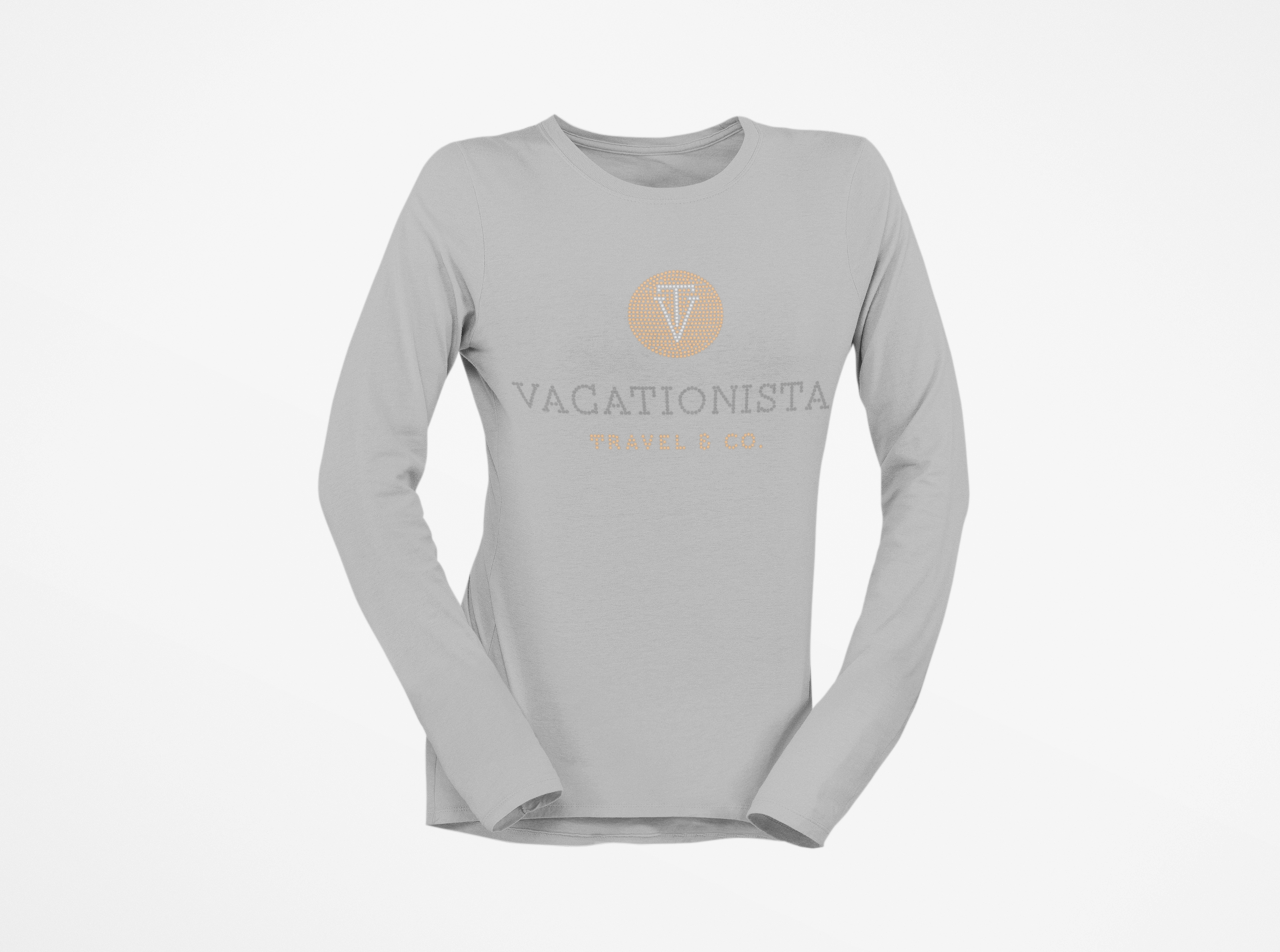 Heather grey unisex crew neck long sleeve T-shirt with rhinestone logo at chest