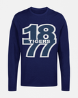 Navy long-sleeve crew neck T-shirt with 18 Tigers graphic on front