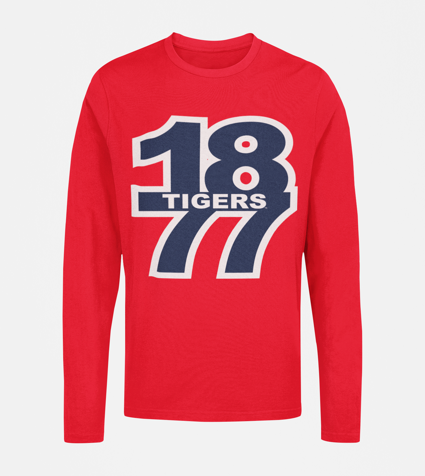Red long-sleeve crew neck T-shirt with “18 Tigers” front graphic