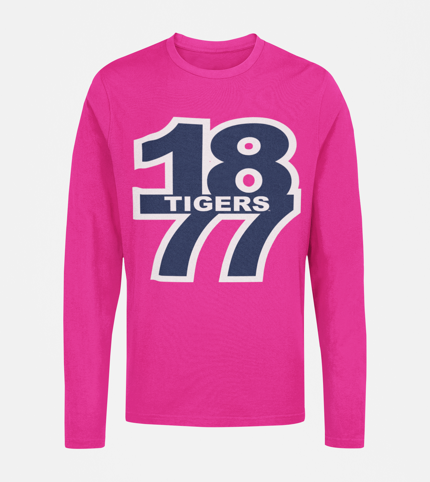Hot pink long-sleeve crew neck T-shirt with “18 Tigers” front graphic