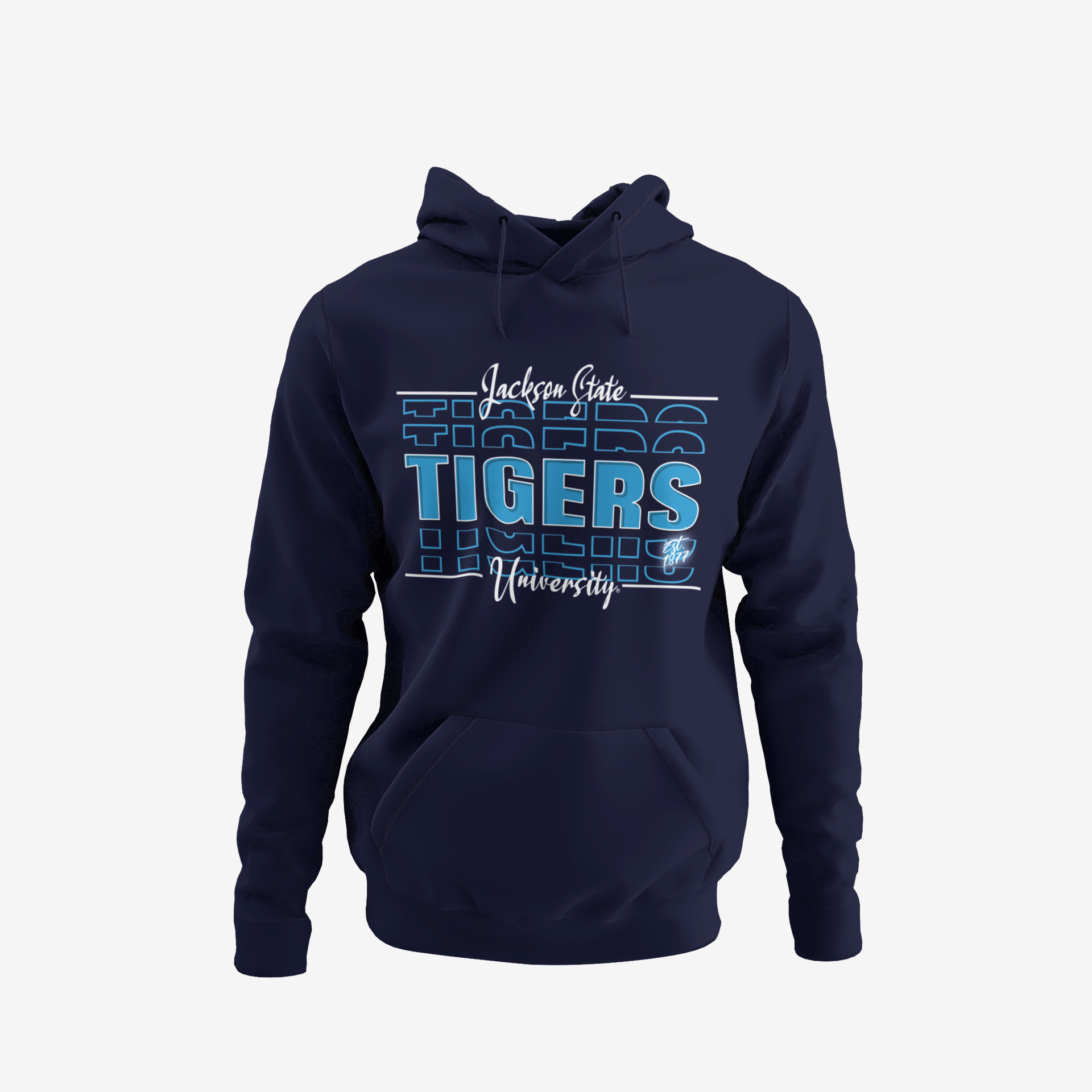 Navy pullover hoodie with front Tigers graphic, kangaroo pocket, and drawstring hood