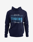Navy pullover hoodie with front Tigers graphic, kangaroo pocket, and drawstring hood