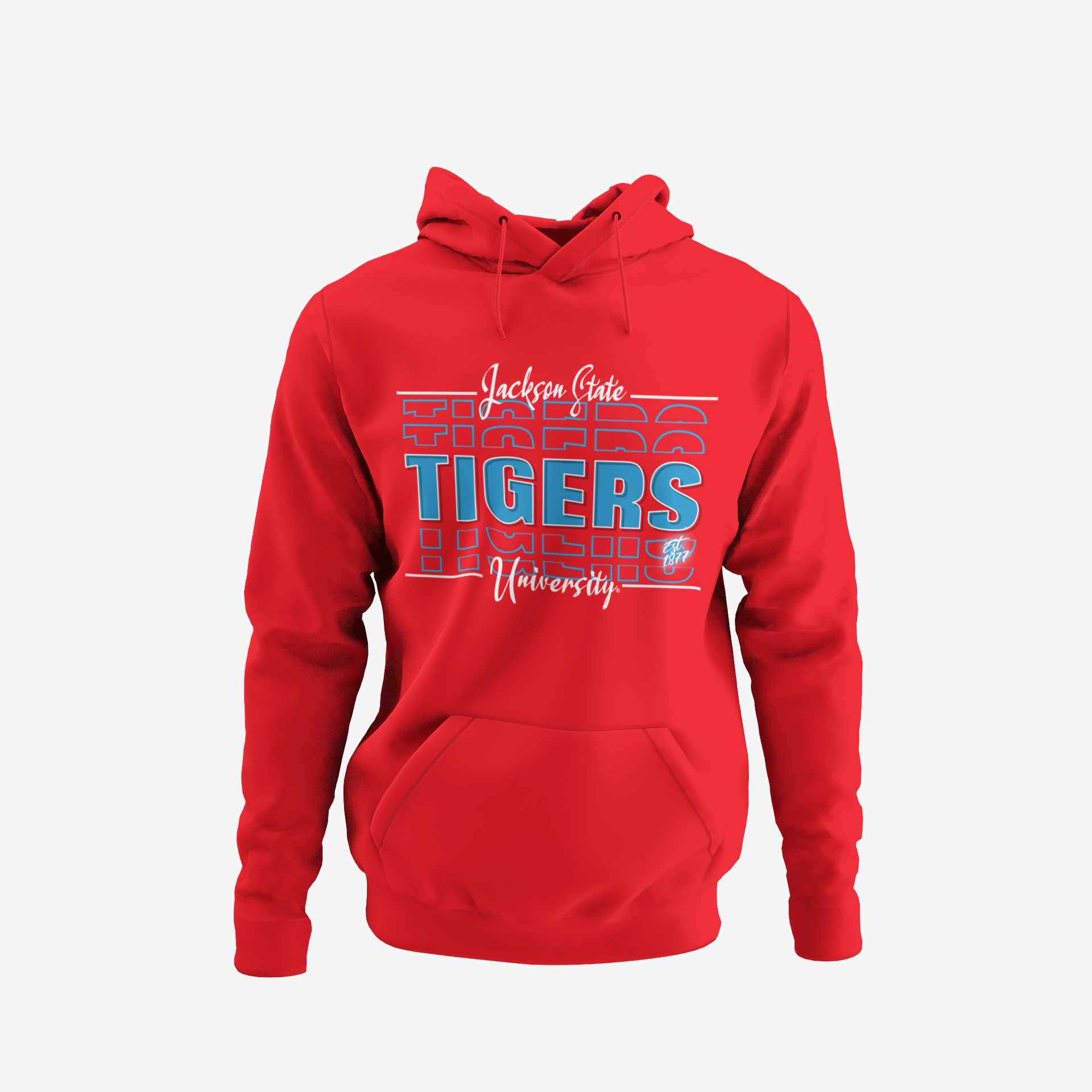 Red pullover hoodie with front Tigers graphic, kangaroo pocket, and drawstring hood