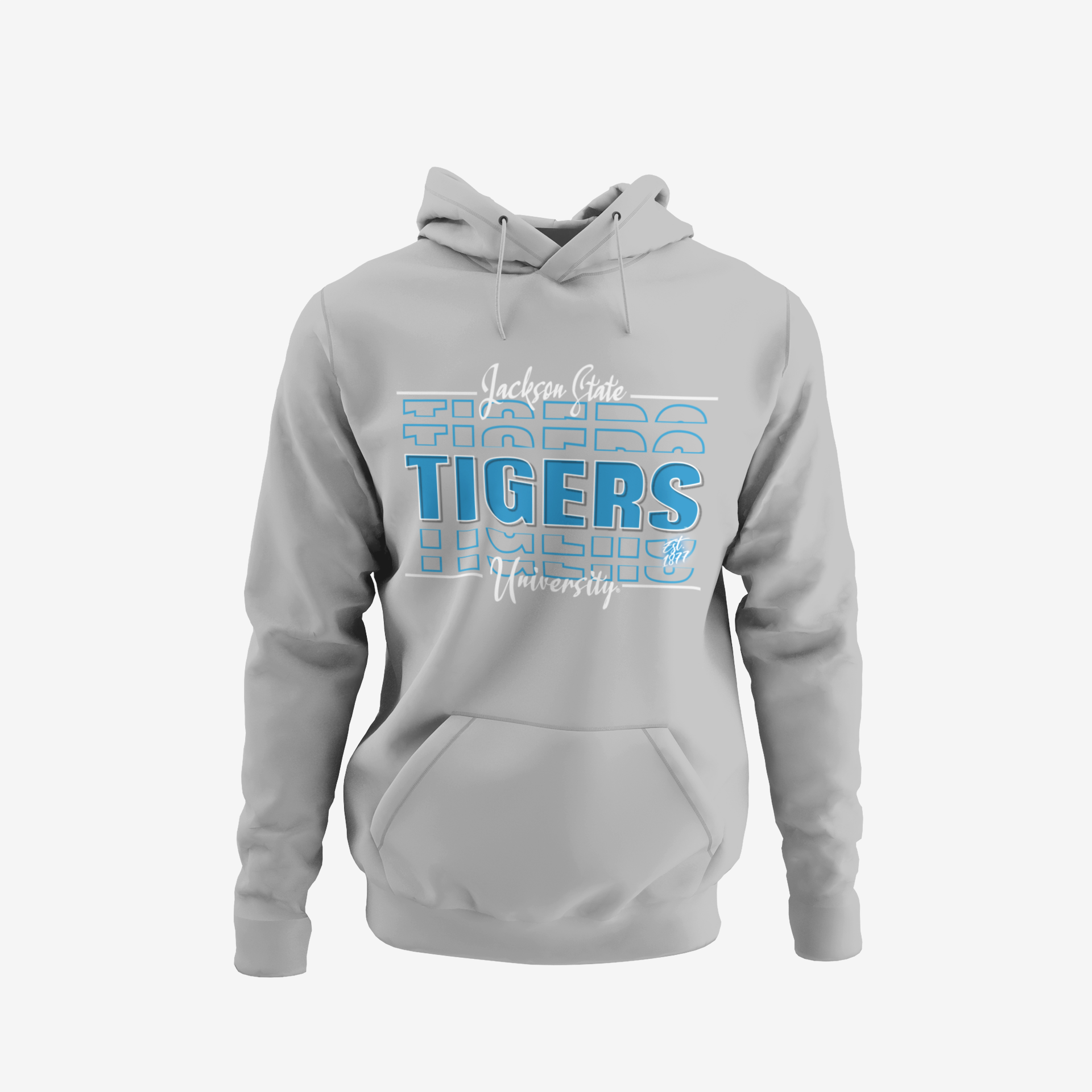 Gray pullover hoodie with front Tigers graphic, kangaroo pocket, and drawstring hood