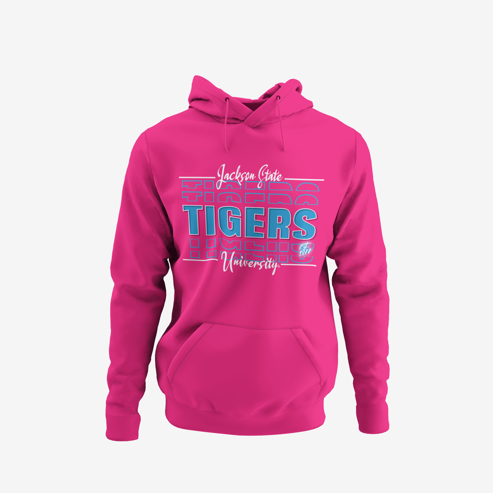 Pink pullover hoodie with front Tigers graphic, kangaroo pocket, and drawstring hood