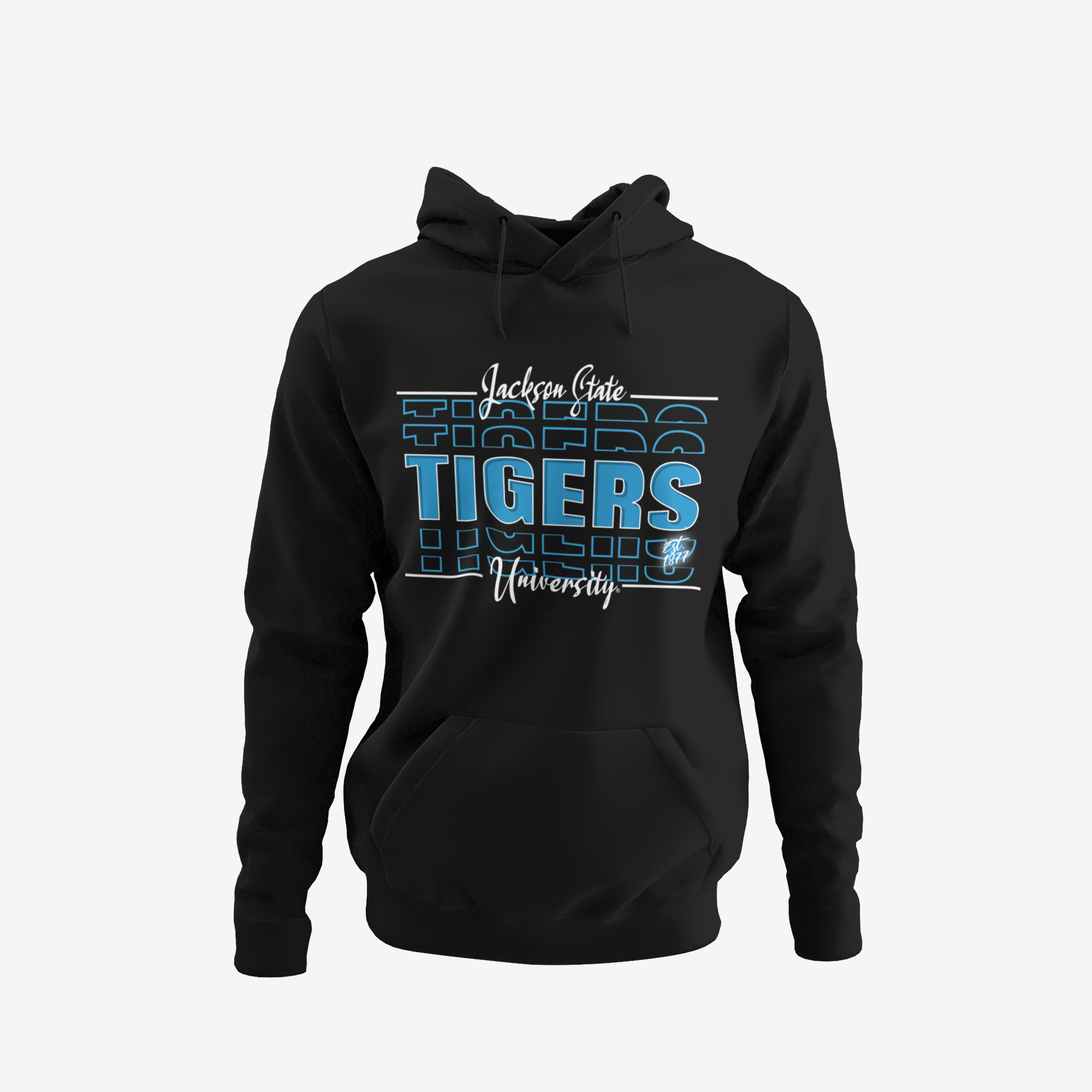 Black pullover hoodie with front Tigers graphic, kangaroo pocket, and drawstring hood