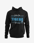 Black pullover hoodie with front Tigers graphic, kangaroo pocket, and drawstring hood