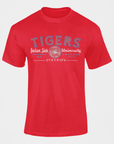 Red short-sleeve crew-neck T-shirt with blue Tigers university chest graphic