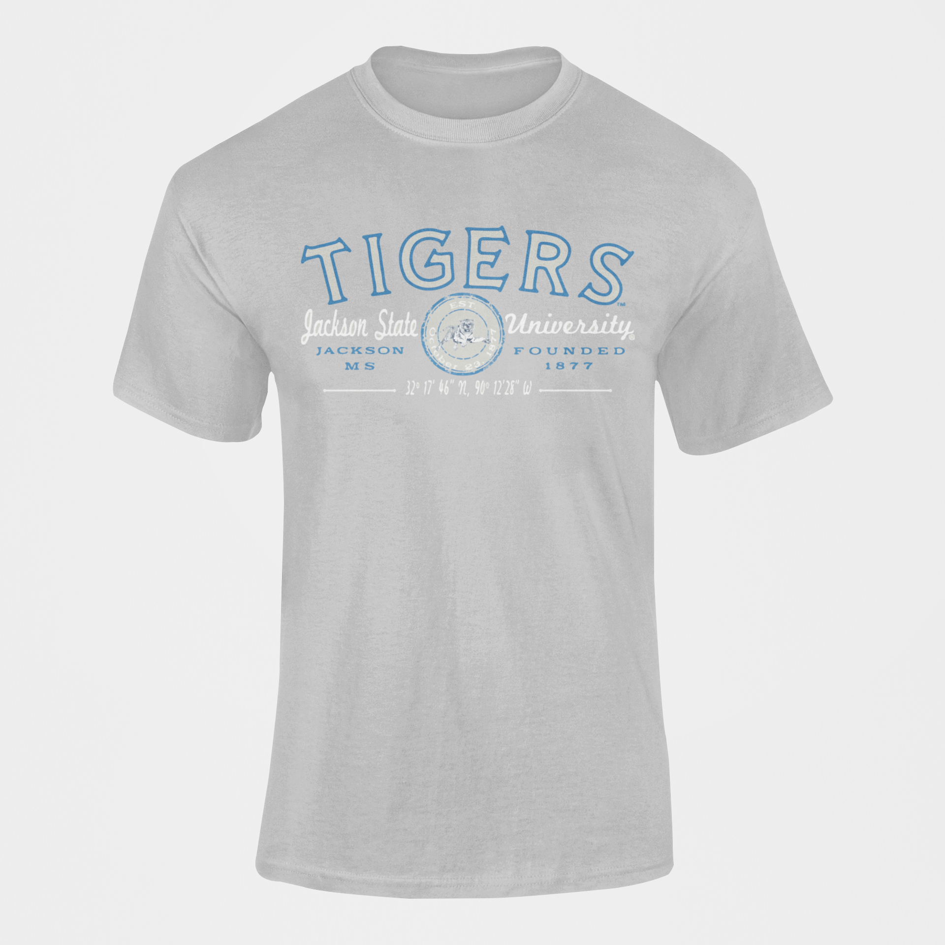 Light gray short-sleeve crew-neck T-shirt with blue Tigers university chest graphic