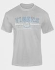 Light gray short-sleeve crew-neck T-shirt with blue Tigers university chest graphic