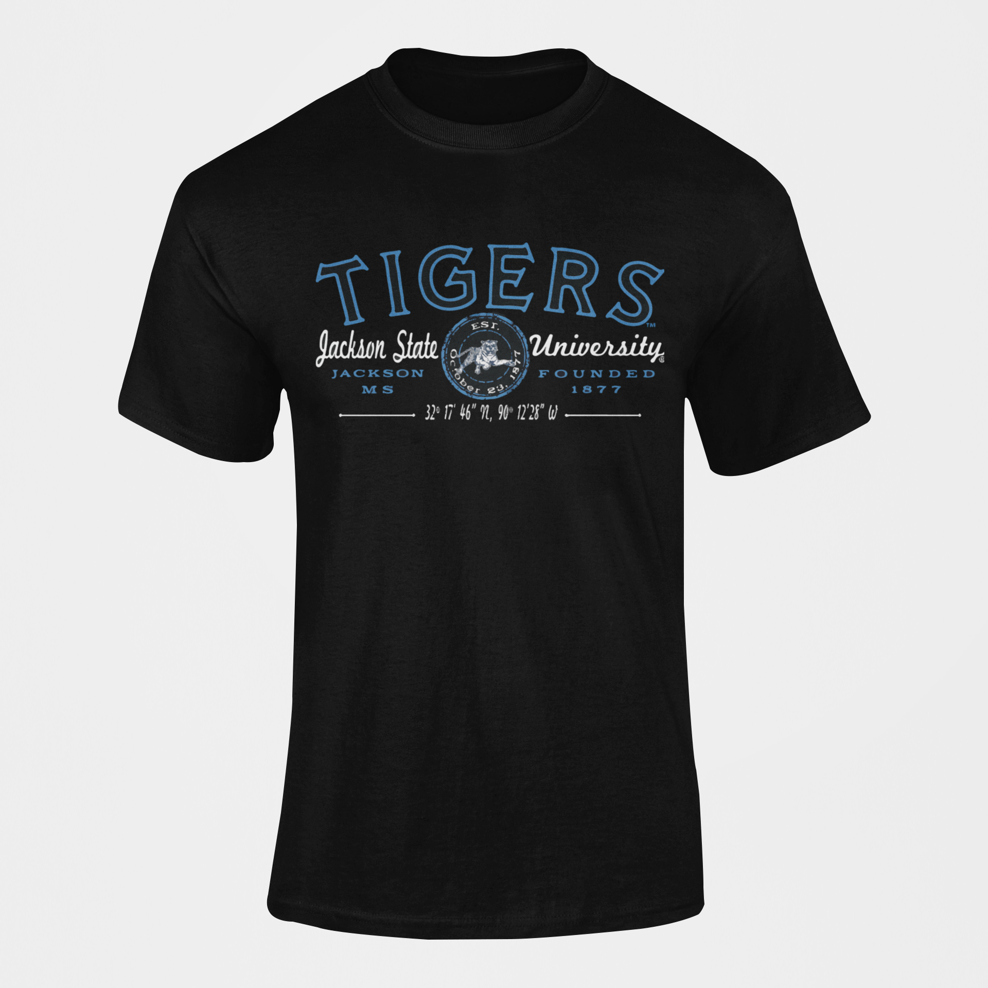 Black short-sleeve crew-neck T-shirt with blue Tigers university chest graphic