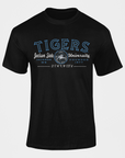 Black short-sleeve crew-neck T-shirt with blue Tigers university chest graphic