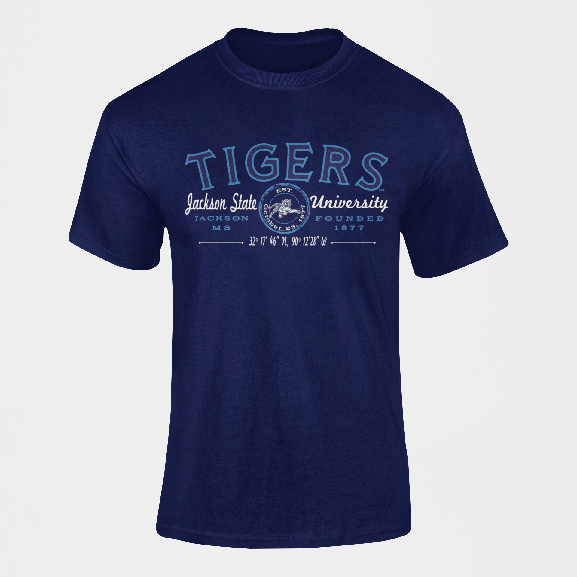 Navy blue short-sleeve crew-neck T-shirt with blue Tigers university chest graphic