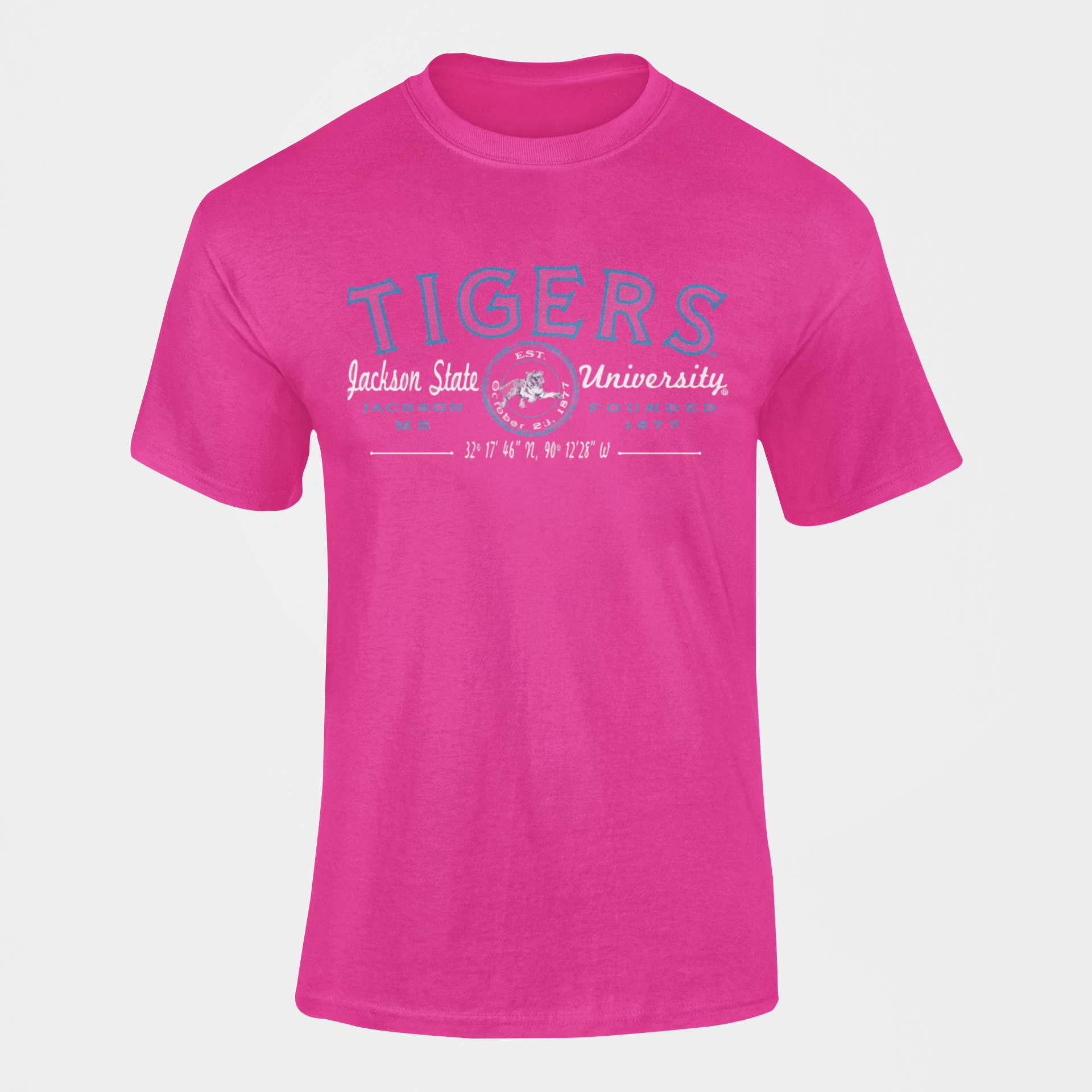 Pink short-sleeve crew-neck T-shirt with blue Tigers university chest graphic