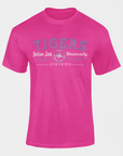 Pink short-sleeve crew-neck T-shirt with blue Tigers university chest graphic