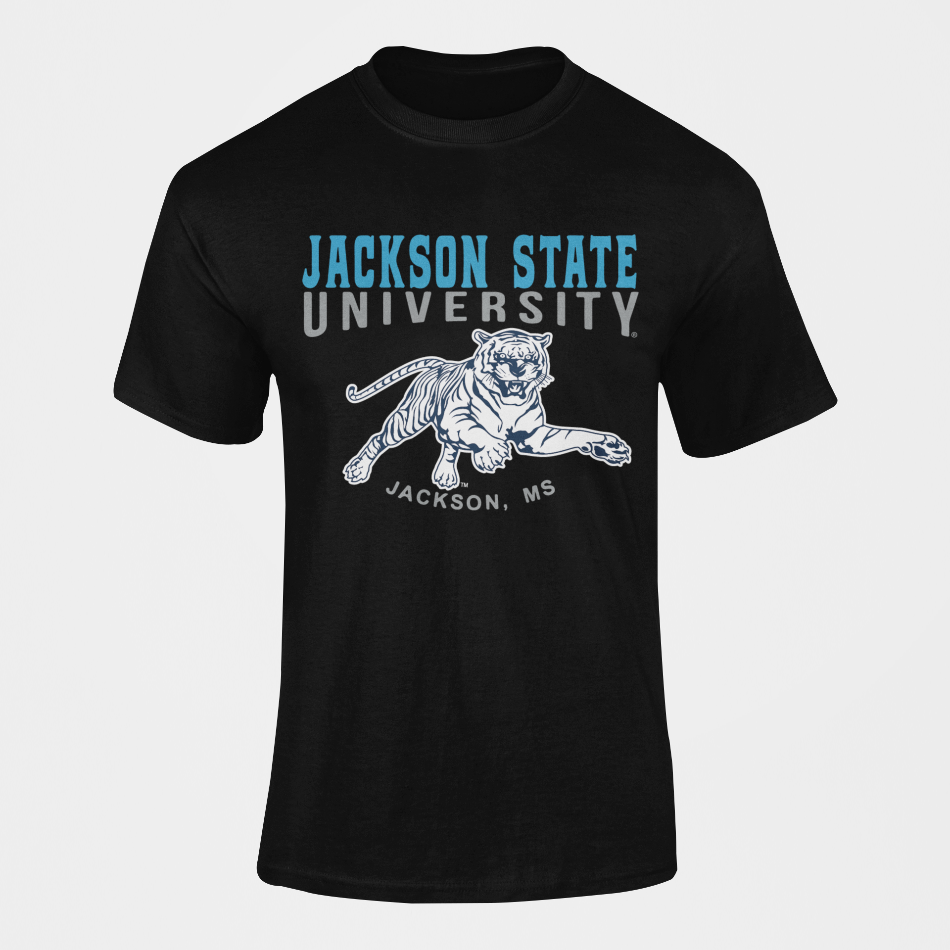 Black crew-neck short-sleeve T-shirt with Jackson State University front graphic