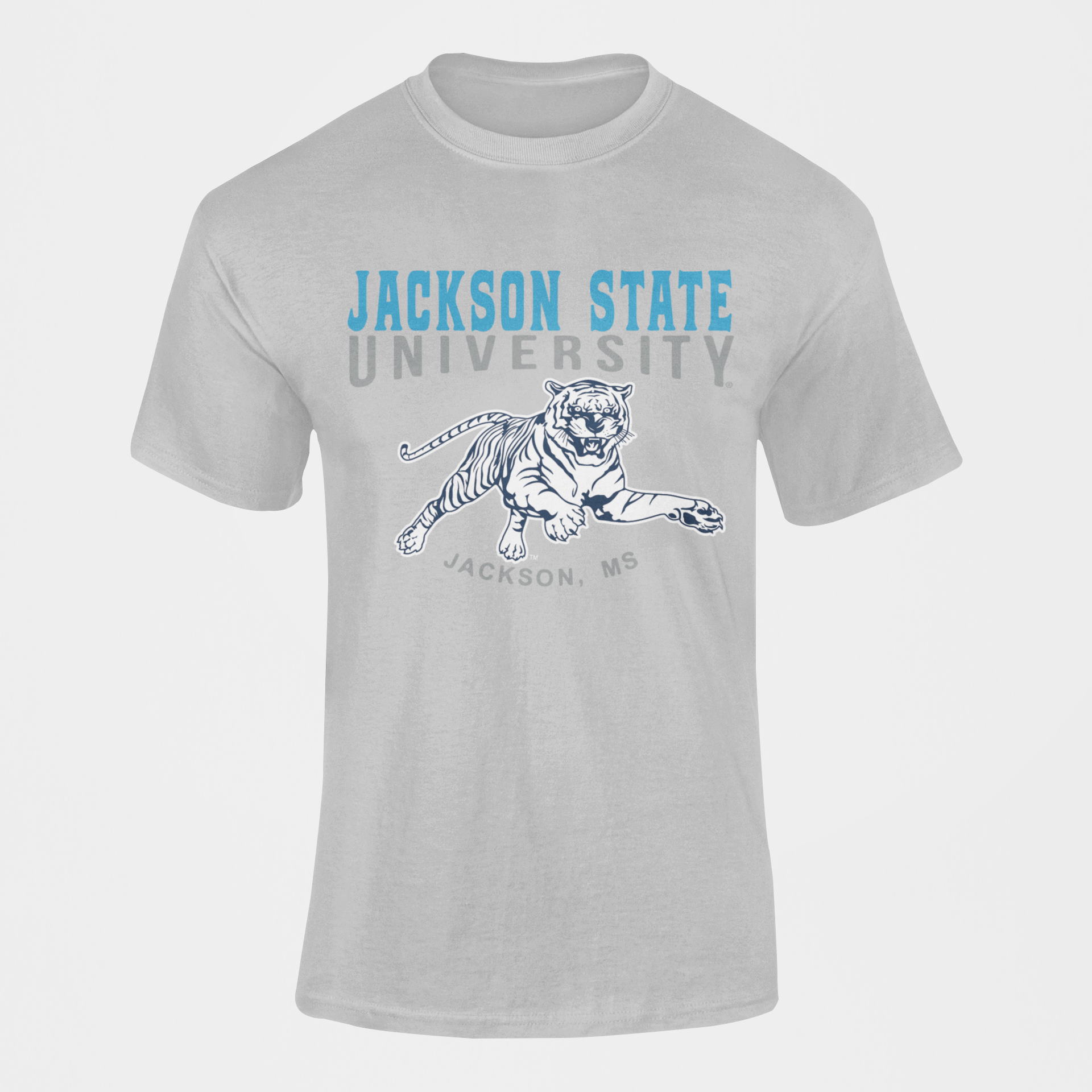 Heather gray crew-neck short-sleeve T-shirt with Jackson State University front graphic