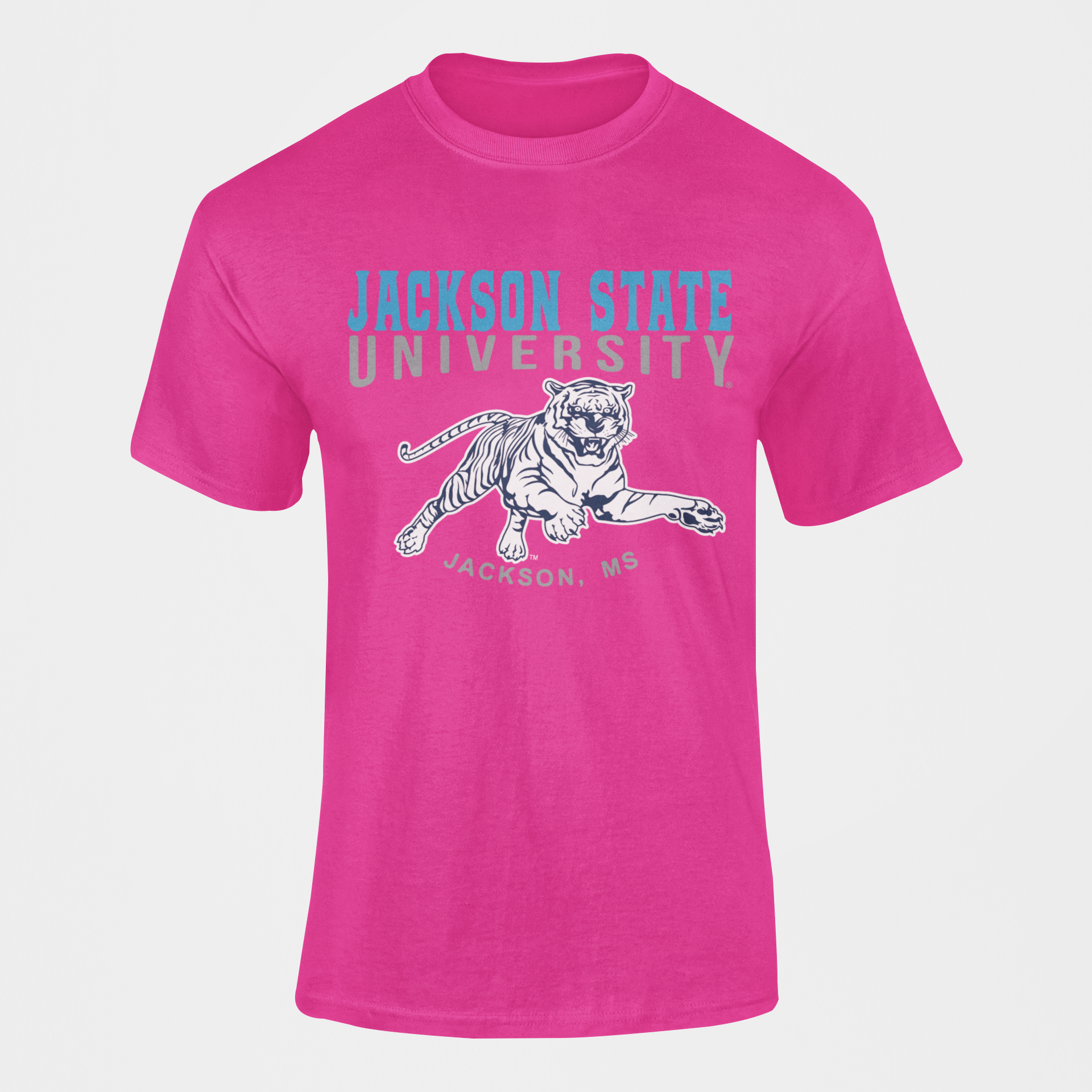 Pink crew-neck short-sleeve T-shirt with Jackson State University front graphic