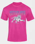 Pink crew-neck short-sleeve T-shirt with Jackson State University front graphic