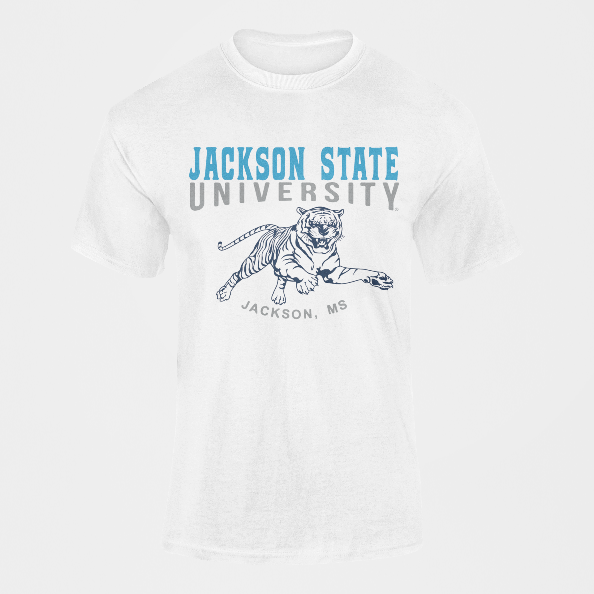 White crew-neck short-sleeve T-shirt with Jackson State University front graphic