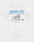 White crew-neck short-sleeve T-shirt with Jackson State University front graphic