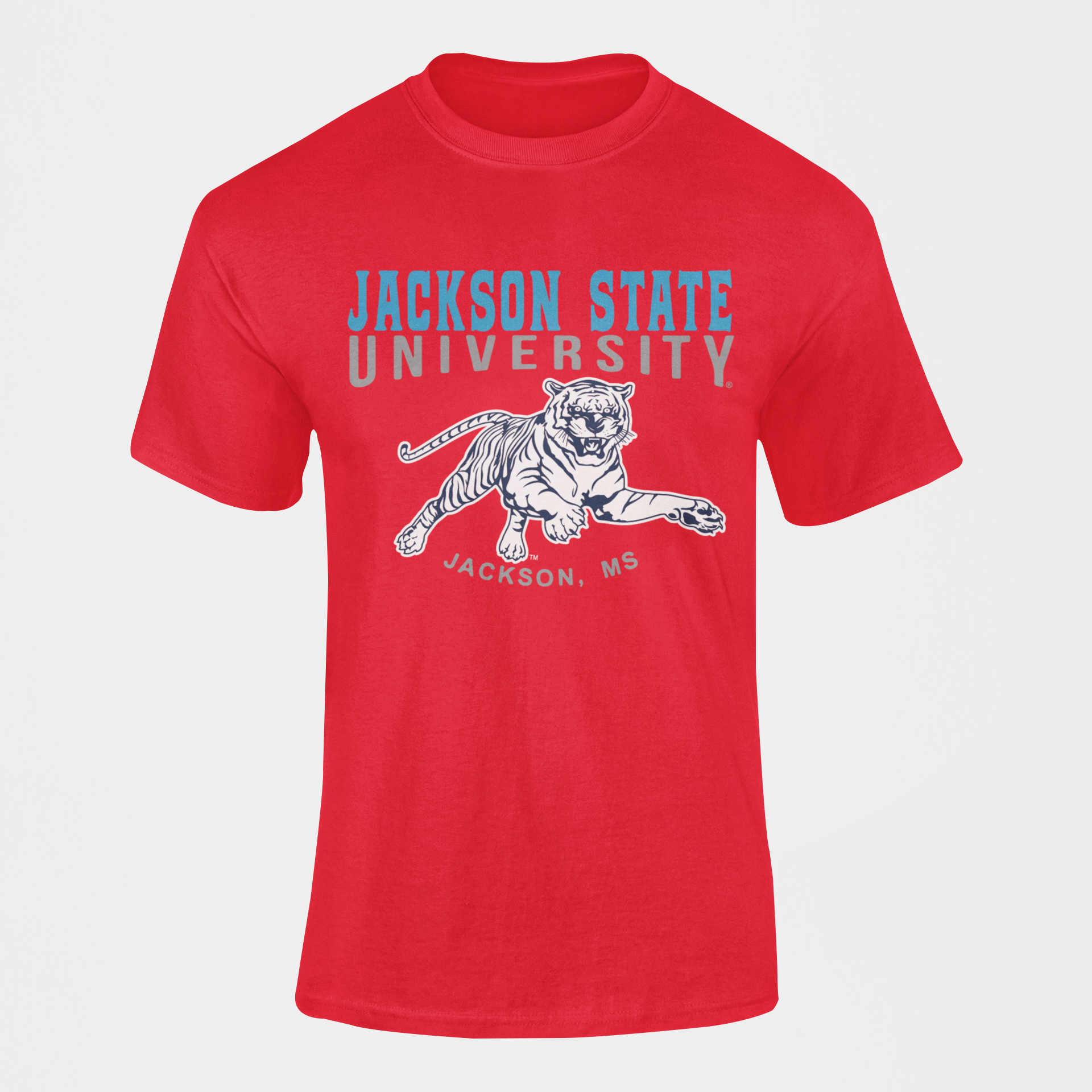 Red crew-neck short-sleeve T-shirt with Jackson State University front graphic