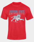 Red crew-neck short-sleeve T-shirt with Jackson State University front graphic