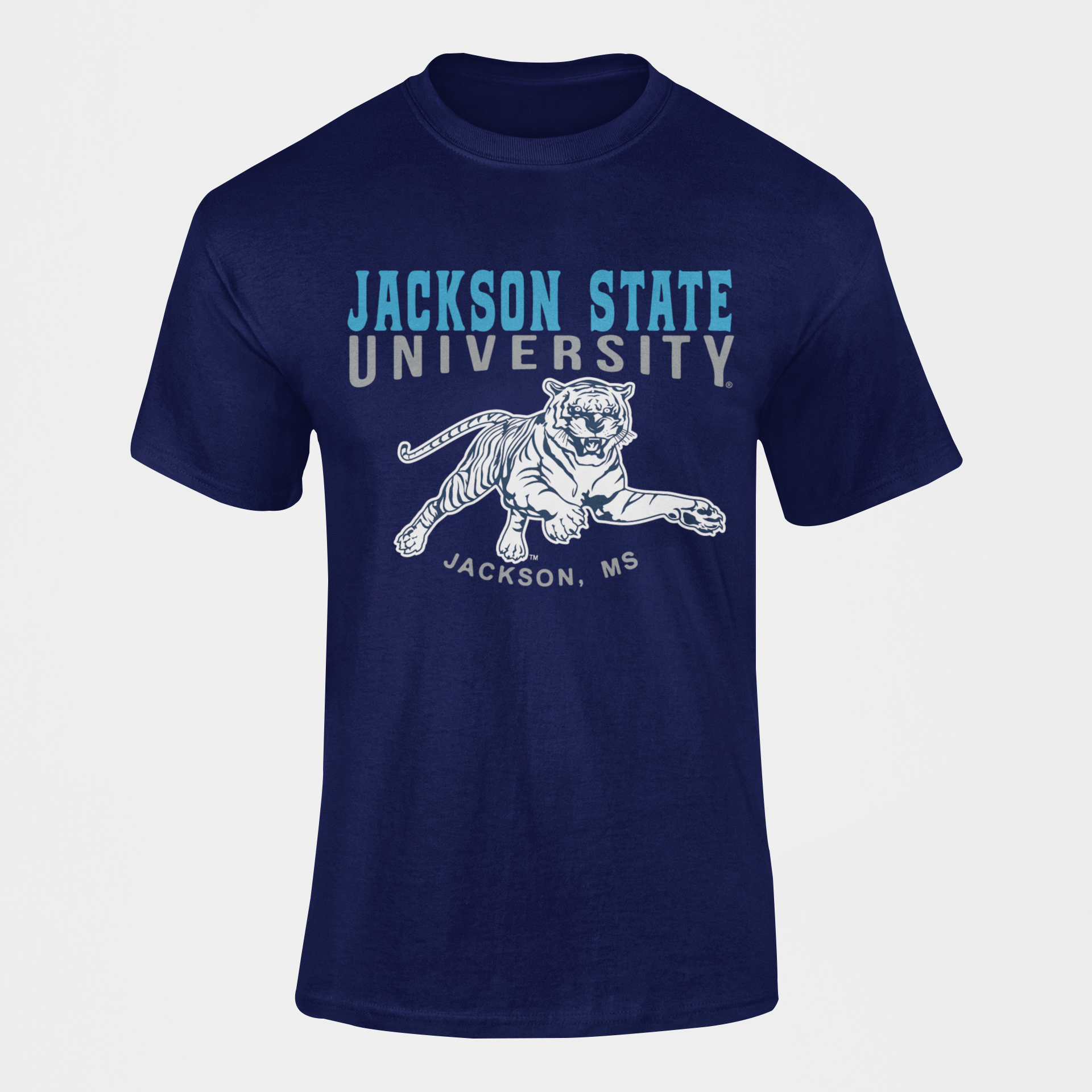 Navy blue crew-neck short-sleeve T-shirt with Jackson State University front graphic