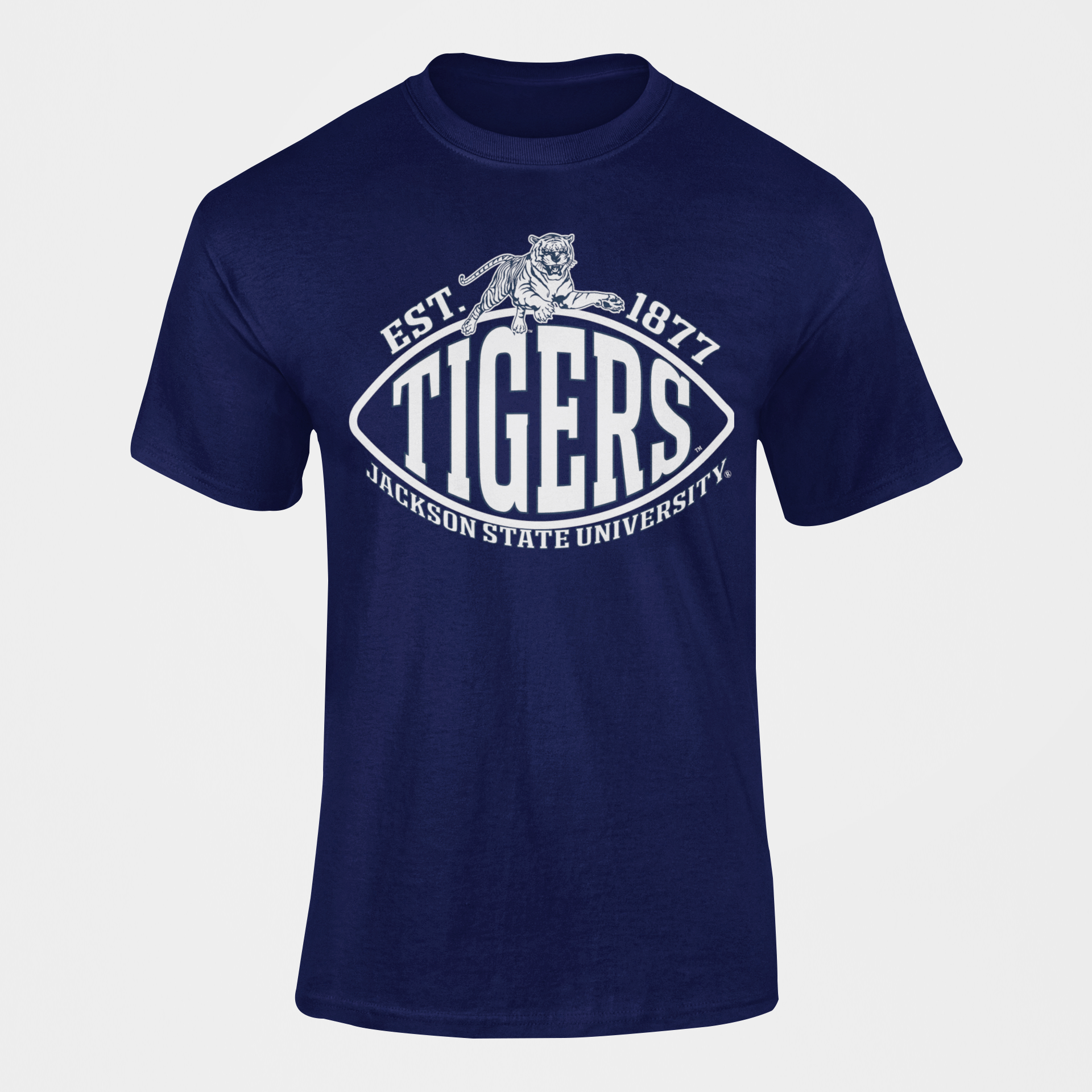 Navy crew-neck T-shirt with Tigers crest and Est. 1877 text
