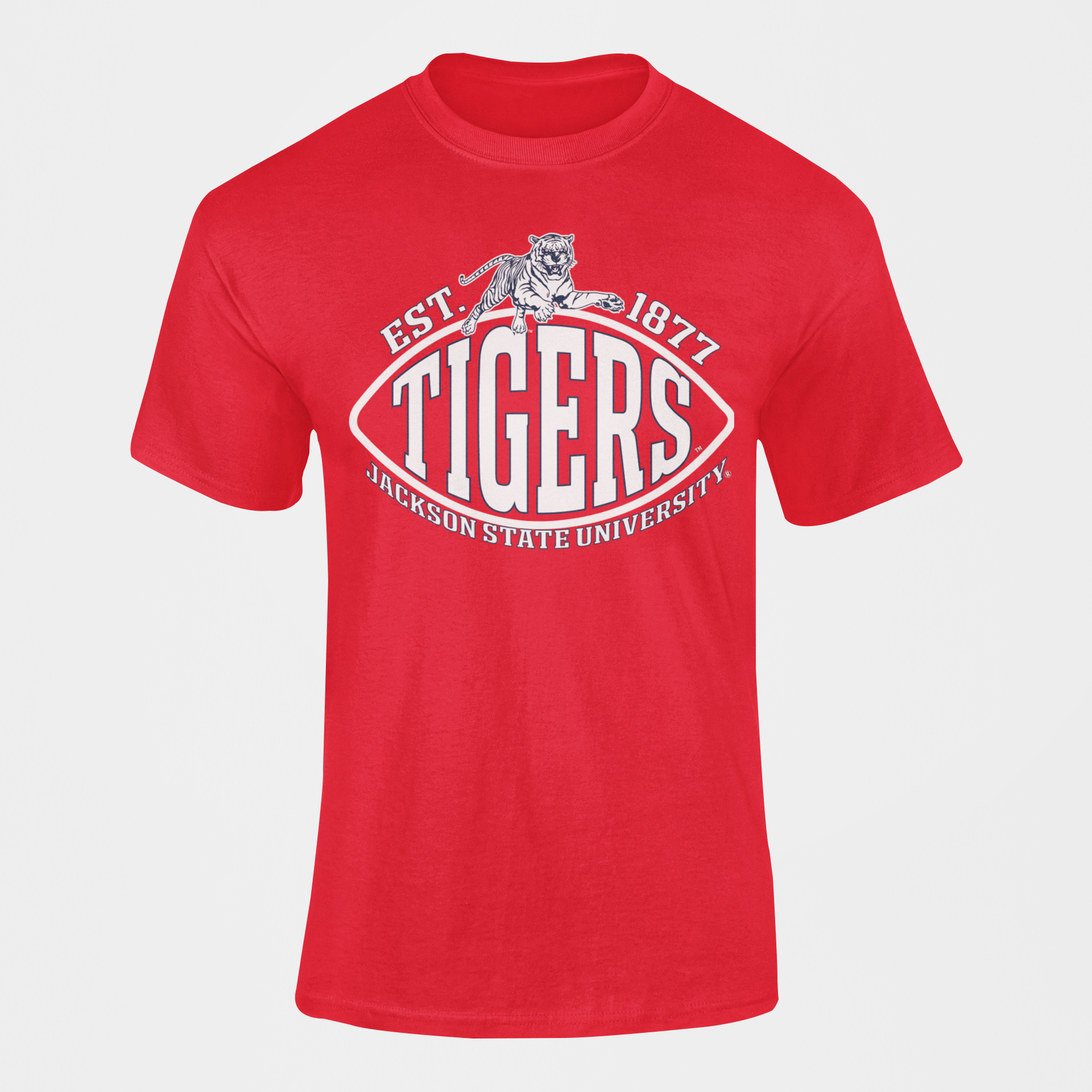 Red crew-neck football T-shirt with Tigers crest and Est. 1877