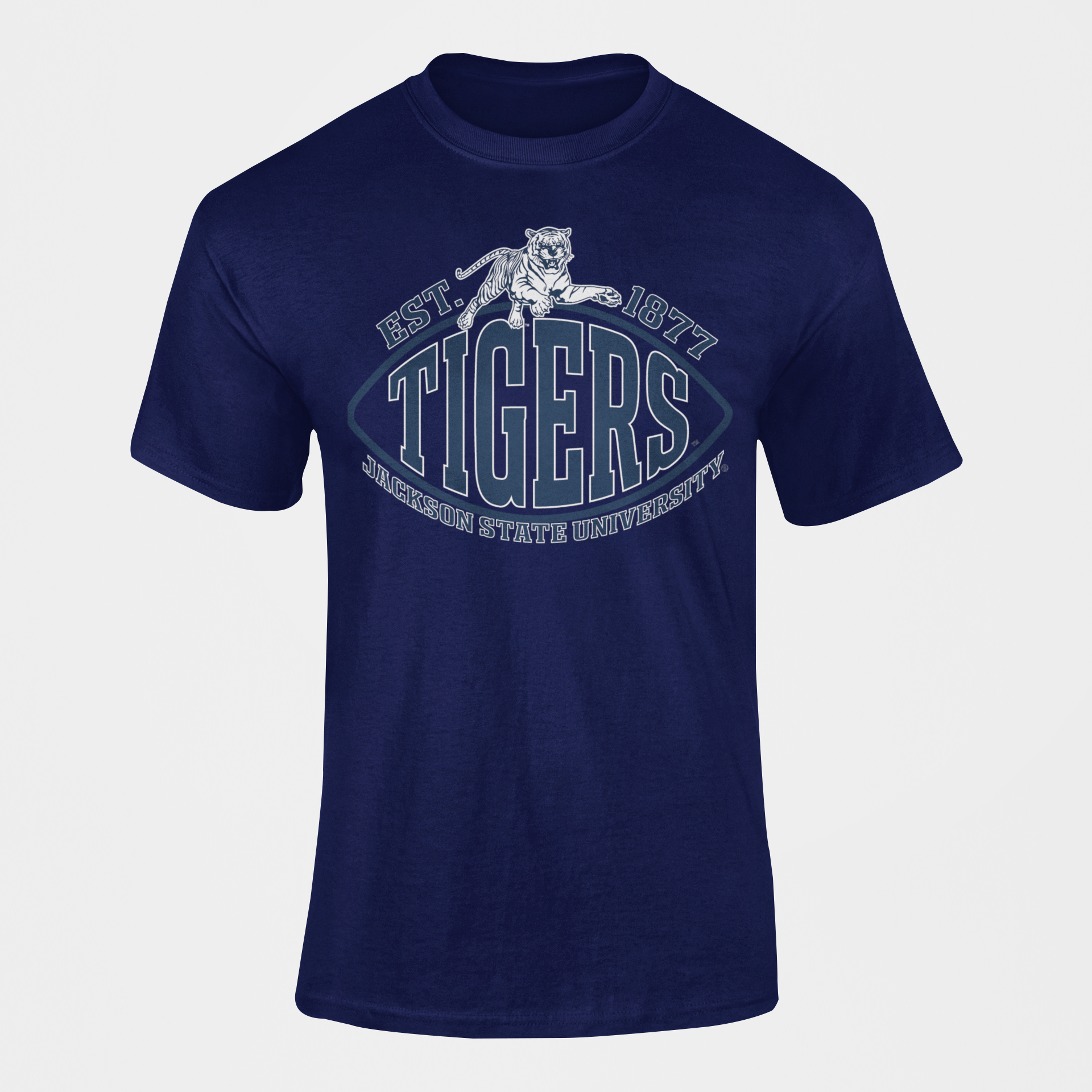 Navy crew neck short-sleeve T-shirt with TIGERS and EST. 1877 graphic.
