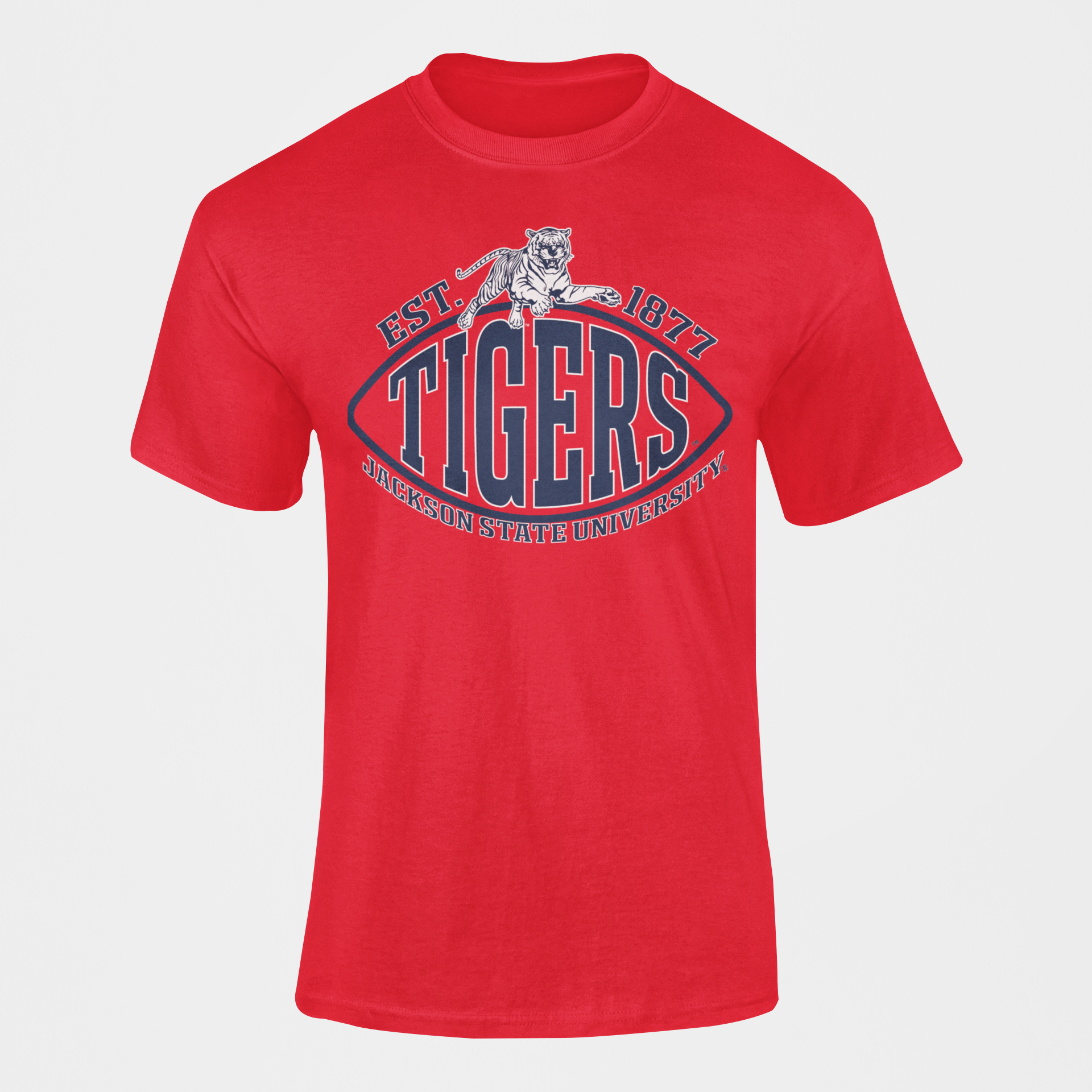 Red crew neck short-sleeve T-shirt with TIGERS and EST. 1877 graphic.