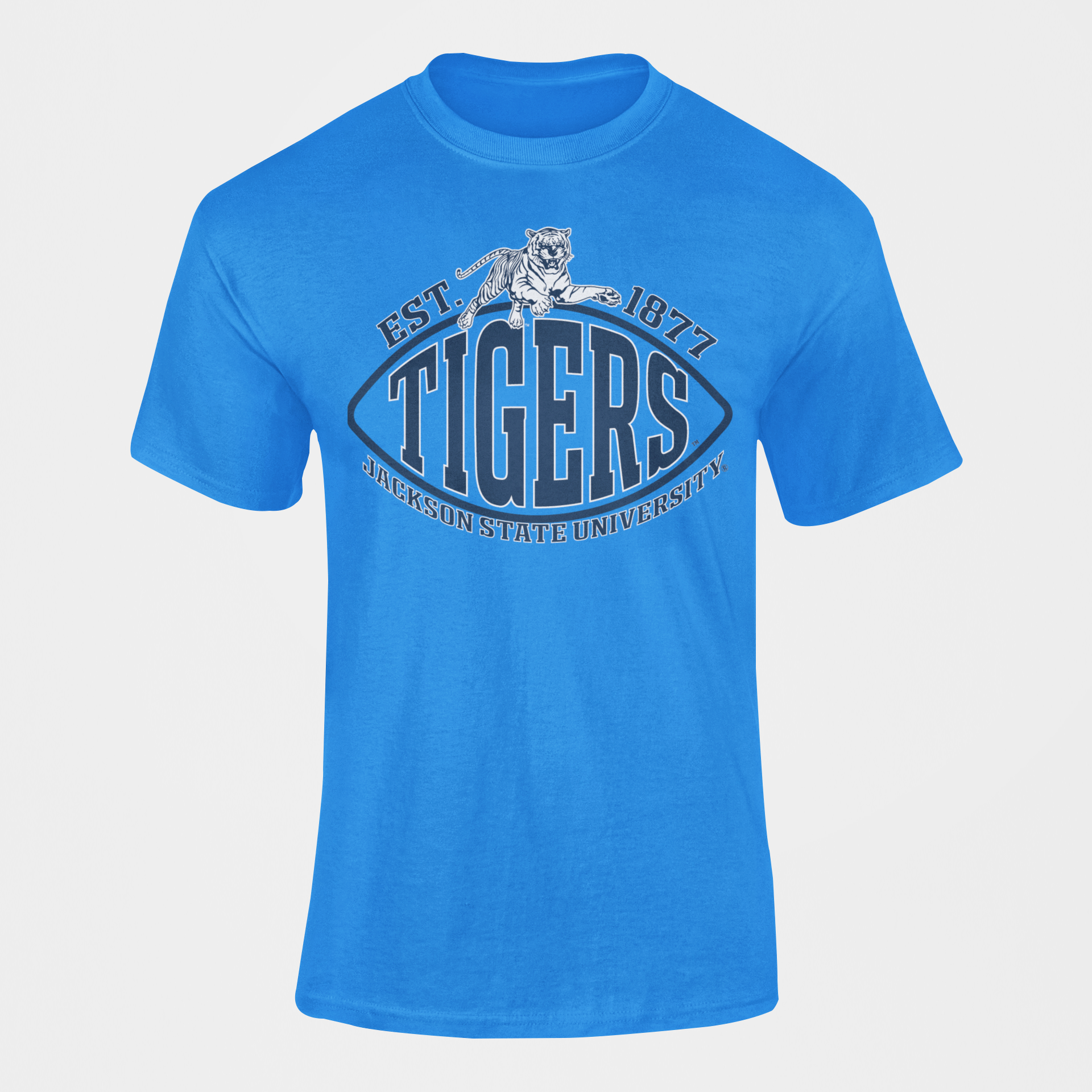 Blue crew neck short-sleeve T-shirt with TIGERS and EST. 1877 graphic.