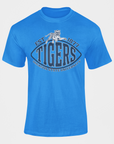 Blue crew neck short-sleeve T-shirt with TIGERS and EST. 1877 graphic.