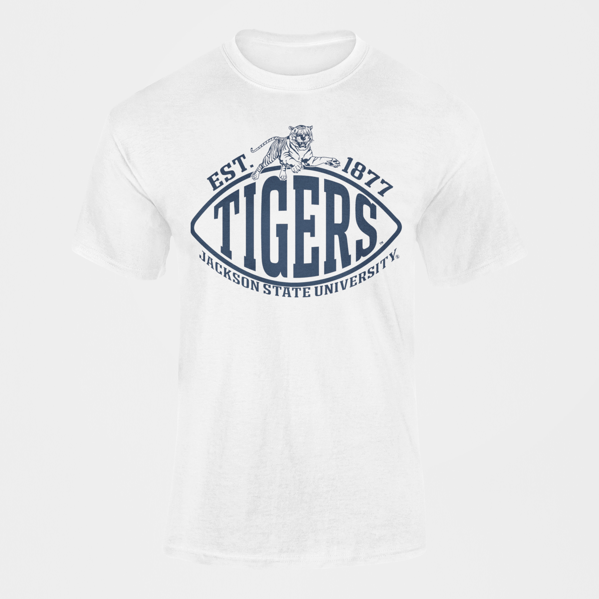 White crew neck short-sleeve T-shirt with TIGERS and EST. 1877 graphic.