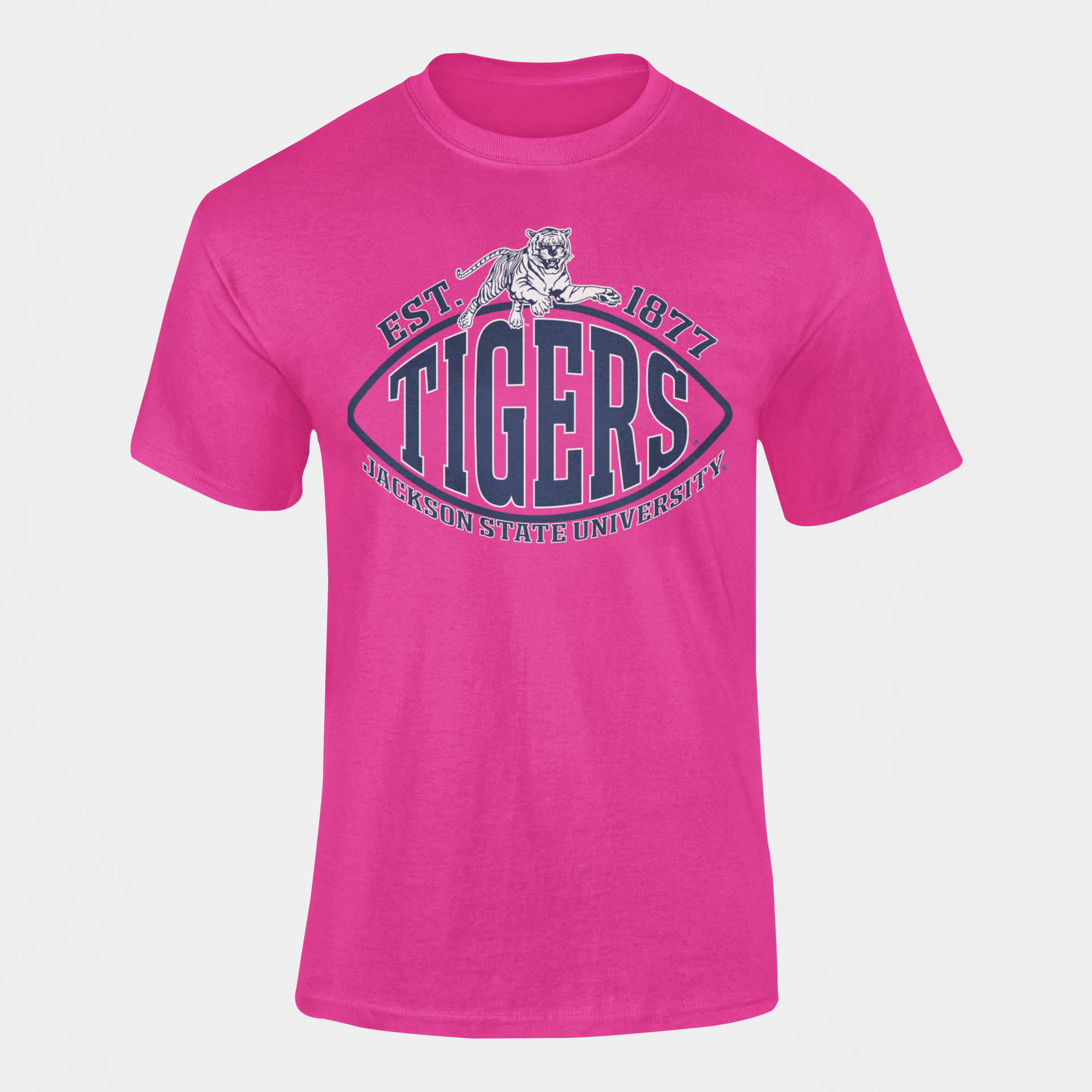 Pink crew neck short-sleeve T-shirt with TIGERS and EST. 1877 graphic.