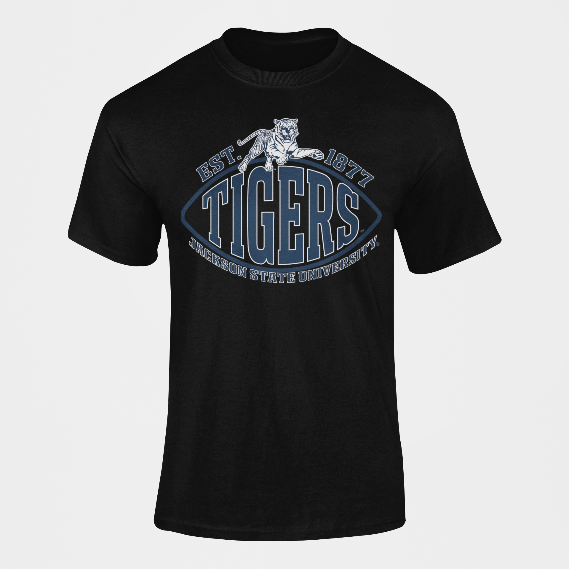 Black crew neck short-sleeve T-shirt with TIGERS and EST. 1877 graphic.
