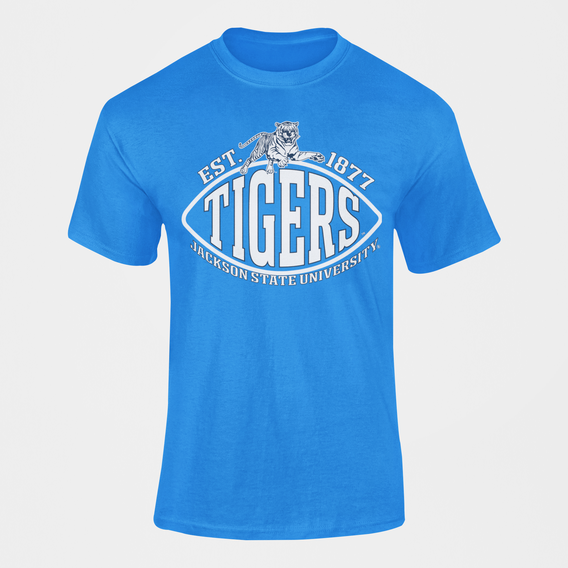 Royal blue crew-neck T-shirt with Tigers crest and Est. 1877 text