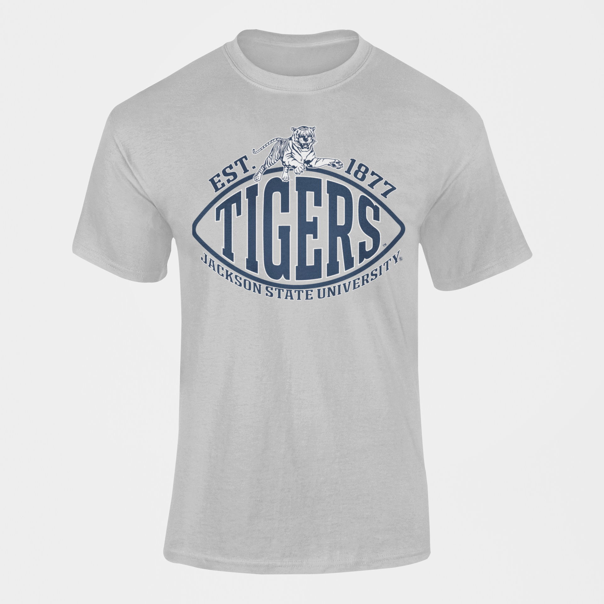 Light gray crew neck short-sleeve T-shirt with TIGERS and EST. 1877 graphic.
