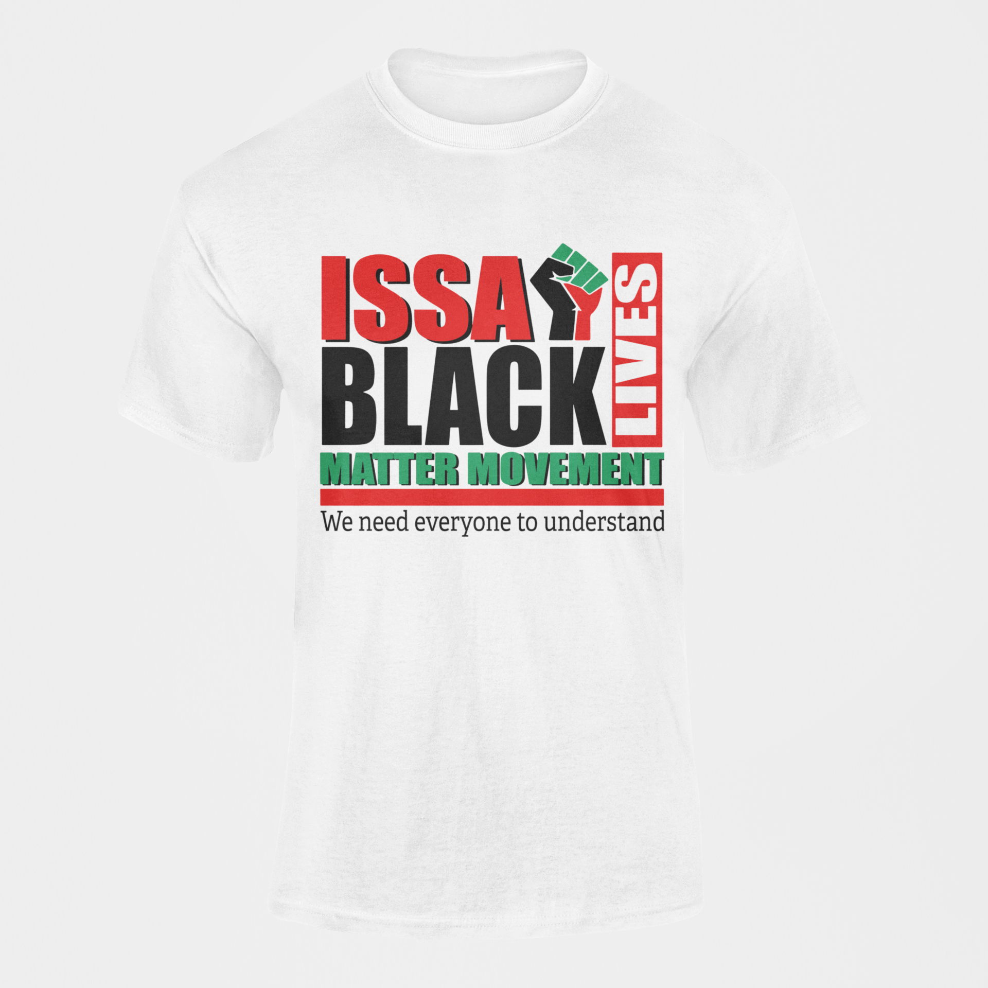 White unisex short-sleeve crewneck T-shirt with front ISSA BLACK MATTER graphic