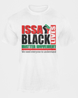 White unisex short-sleeve crewneck T-shirt with front ISSA BLACK MATTER graphic