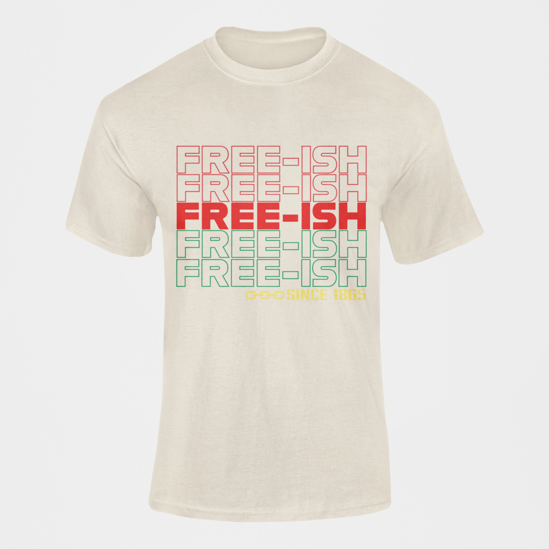 Natural short-sleeve crewneck T-shirt with multicolor FREE-ISH graphic and Since 1865