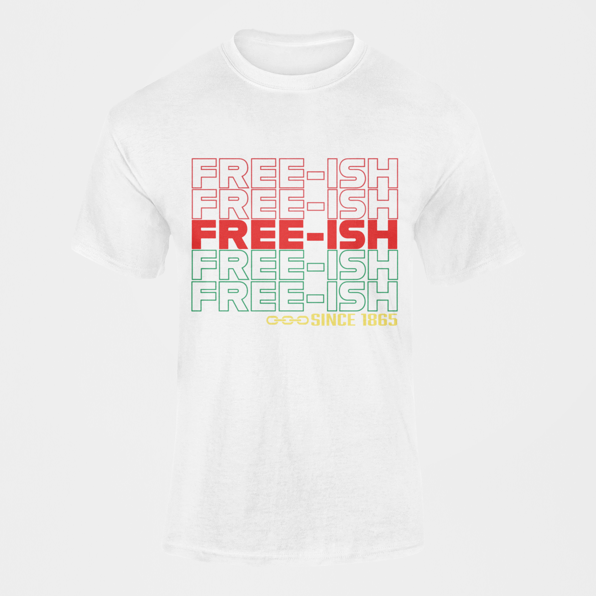 White short-sleeve crewneck T-shirt with multicolor FREE-ISH graphic and Since 1865