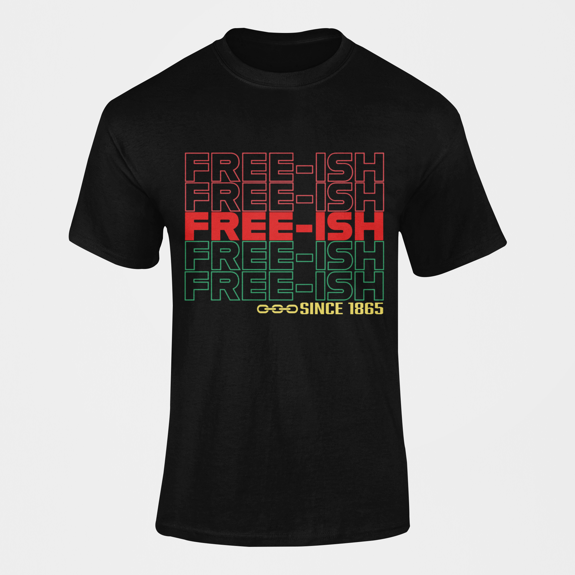 Black short-sleeve crewneck T-shirt with multicolor FREE-ISH graphic and Since 1865