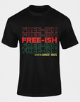 Black short-sleeve crewneck T-shirt with multicolor FREE-ISH graphic and Since 1865