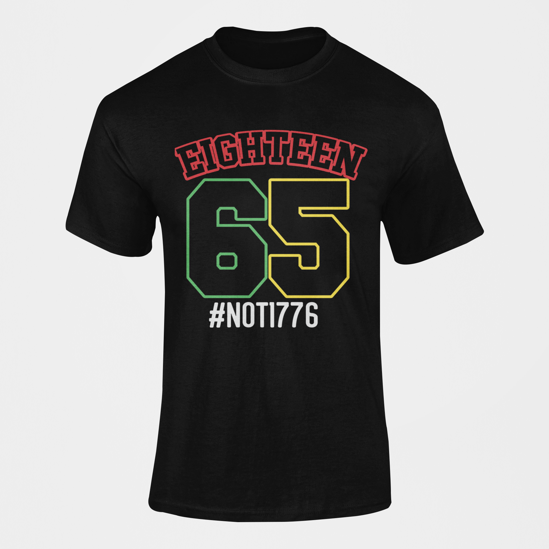 Black crewneck short-sleeve T-shirt with 'EIGHTEEN 65' neon graphic and #NOTI776