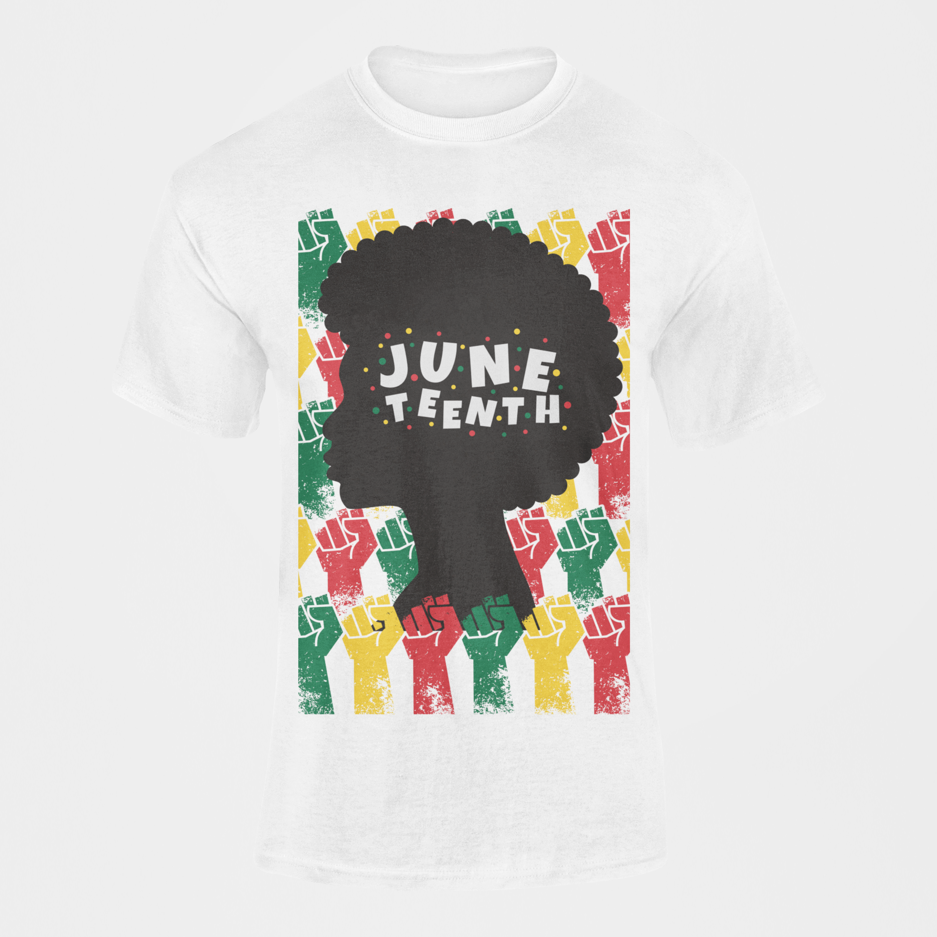 White short sleeve crewneck T-shirt with colorful 'JUNETEENTH' afro graphic